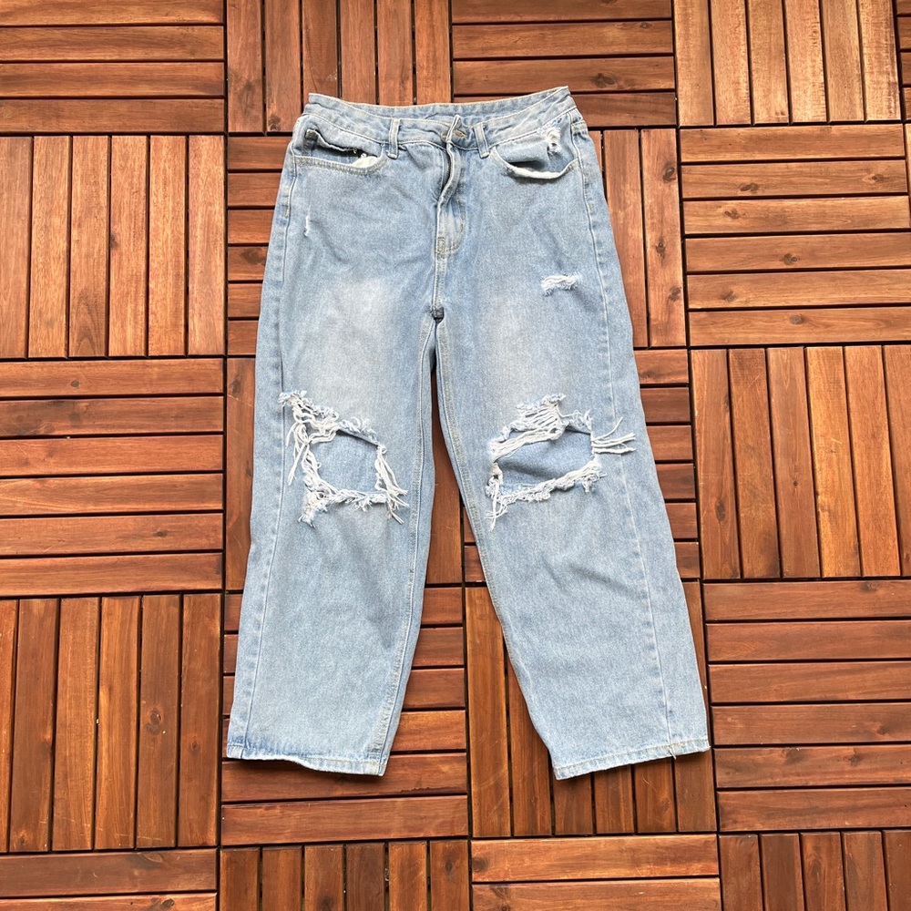 Baggy Shredded Knee Hole Straight Leg Jeans M Petite